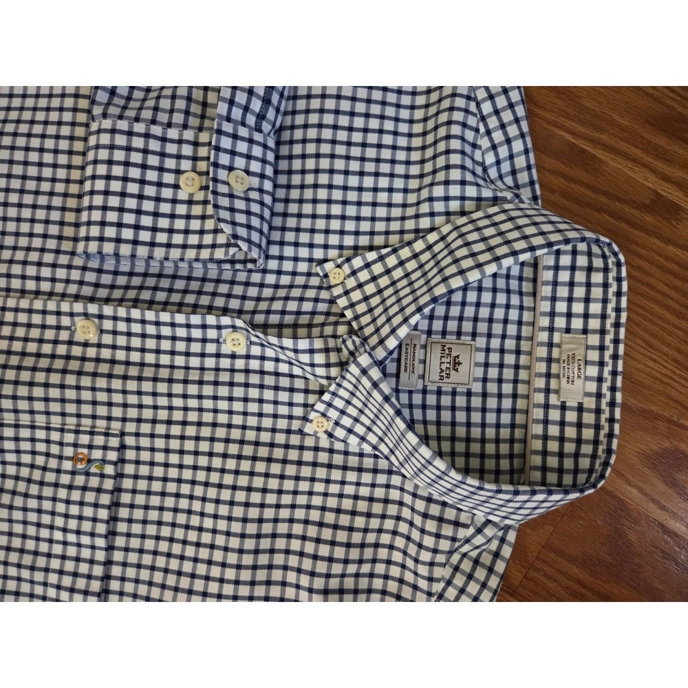 Peter Millar Nanoluxe Easy Care Mens Large Navy White Check Button Down Shirt